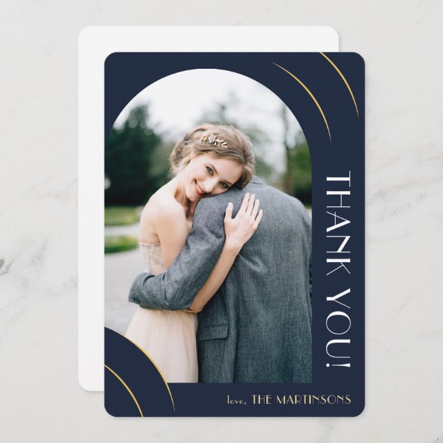 Cartão De Agradecimento Casamento de Foto Azul Moderno Escuro (Frente/Verso)