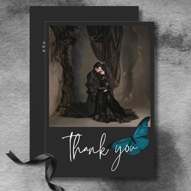Cartão De Agradecimento Casamento de Foto Azul-Teal Mínimo Escuro Moody (Dark Moody Minimal Teal Blue Photo Wedding Thank You Card)