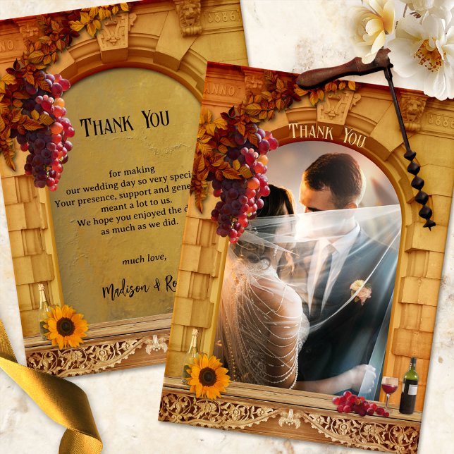Cartão De Agradecimento Casamento de Foto Clássico do Vineyard (Wedding Thank You card with your photo framed by an Italy inspired Roman arch with wine and grapes)