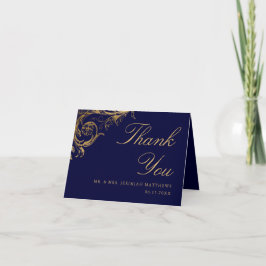 Cartão De Agradecimento Casamento de Foto com Damasco Floral Dourado Azul 