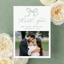 Cartão De Agradecimento Casamento de Foto com Laço Verde Oliva Elegante