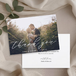 Cartão De Agradecimento Casamento de Foto com Letra à Mão Rústico Elegante