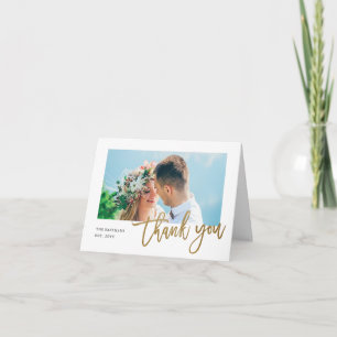 Cartão De Agradecimento Casamento de Foto com Letra Dourada Moderna