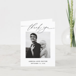 Cartão De Agradecimento Casamento de Foto com Letra Minimalista Preto e Br