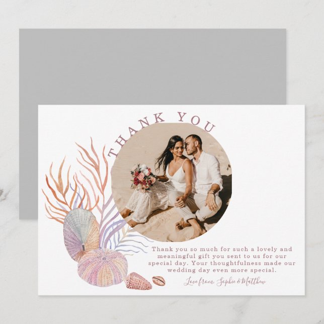 Cartão De Agradecimento Casamento de Foto Costeira de Beach Seashells (Frente/Verso)