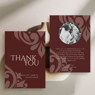 Cartão De Agradecimento Casamento de Foto Damask Elegante Burgundy