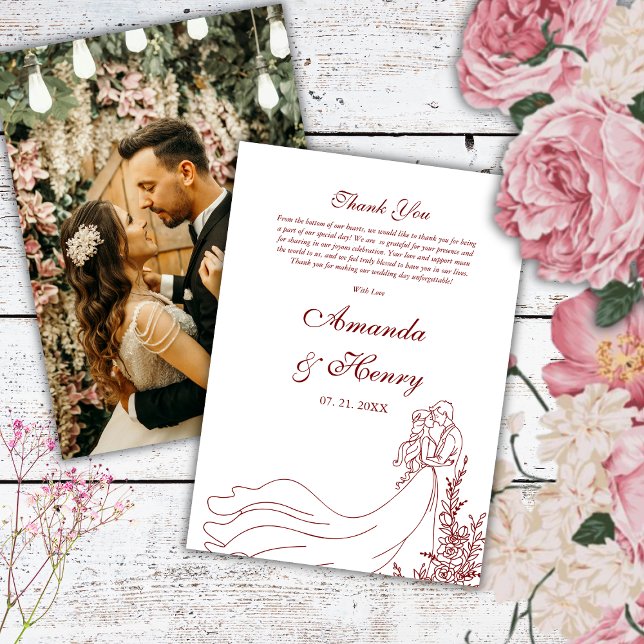 Cartão De Agradecimento Casamento de Foto de Casal Simples Desenhado em Mã (Criador carregado)