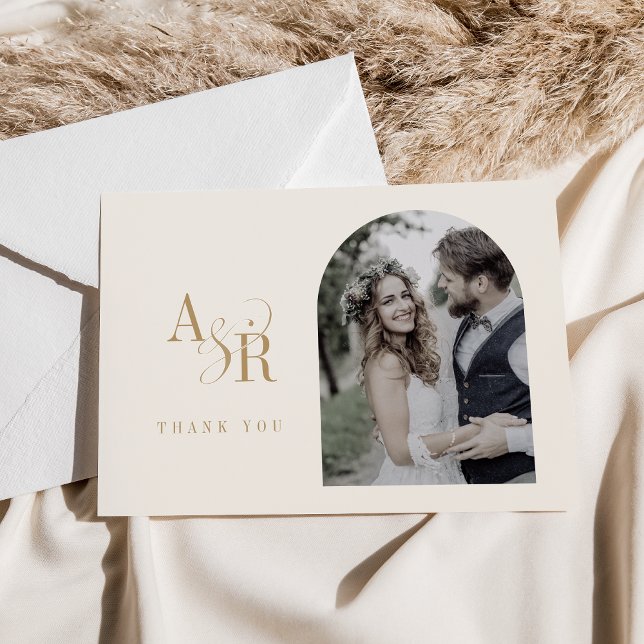 Cartão De Agradecimento Casamento de Foto de Cream Boho Dourado Mínimo AND (ANDREA Flat Minimal Gold Cream Boho Photo Wedding Thank You Card)