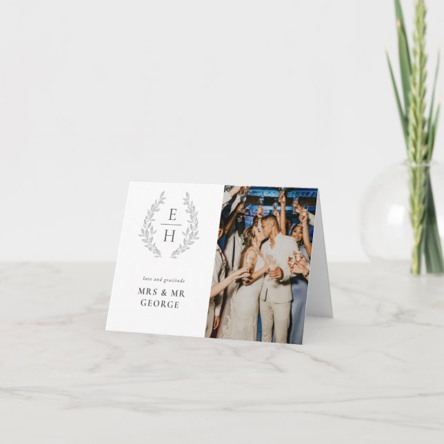 Cartão De Agradecimento Casamento de Foto de Leaf Wreath Monograma (Frente)