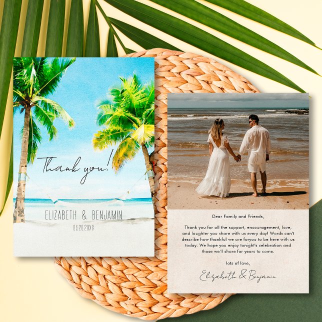 Cartão De Agradecimento Casamento de Foto de Praia de Destino Tropical Ret (Criador carregado)