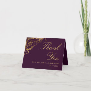 Cartão De Agradecimento Casamento de Foto Dourado Floral Roxo Vintage