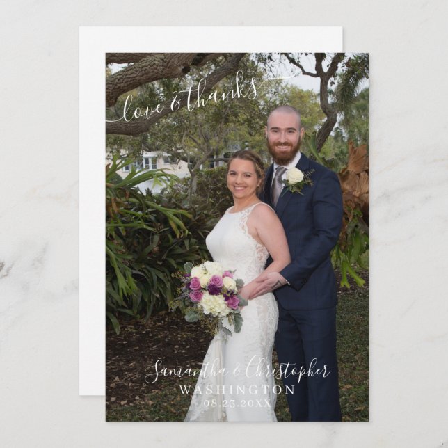 Cartão De Agradecimento Casamento de Foto e Obrigados do Elegant Script 2 (Frente/Verso)