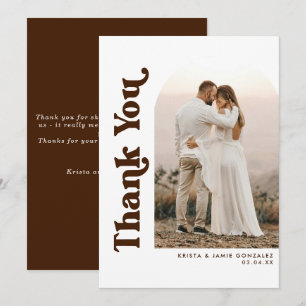 Cartão De Agradecimento Casamento de Foto em Arco e Tipo Retro Marrom Choc