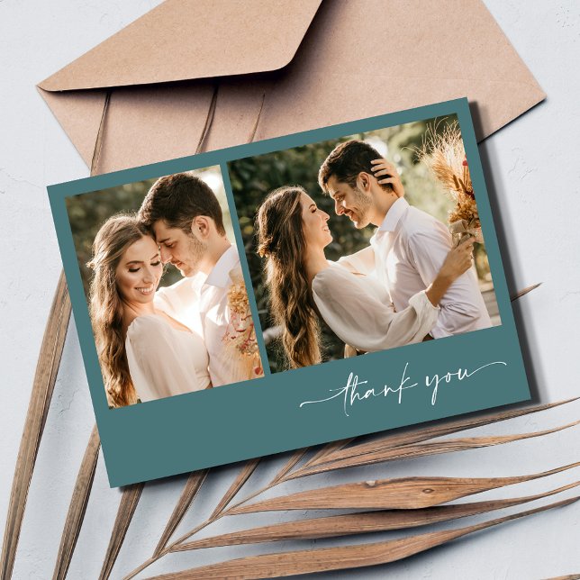 Cartão De Agradecimento Casamento de Foto Emerald Green - Obrigado (Emerald Green Two Photo Wedding Thank You Card)