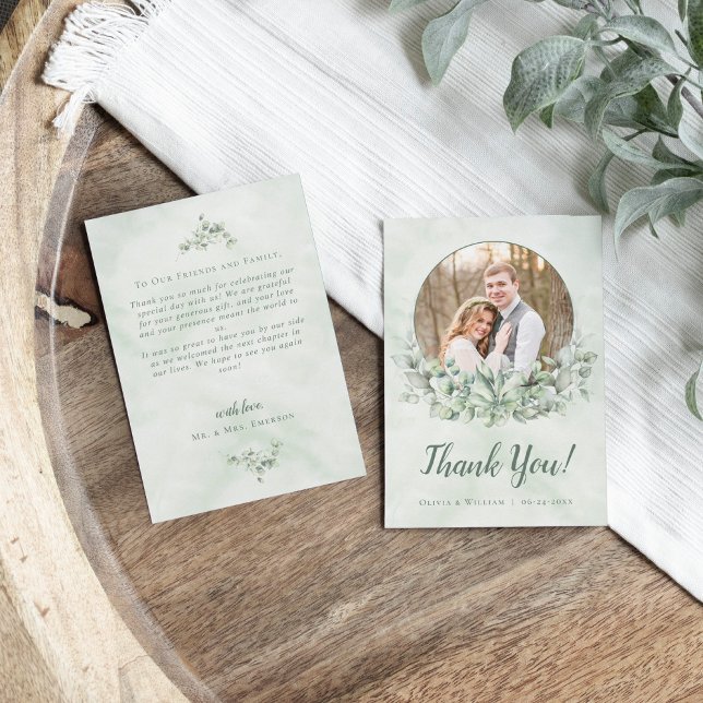 Cartão De Agradecimento Casamento de Foto Eucalyptus Wreath Greenery Obrig (Criador carregado)