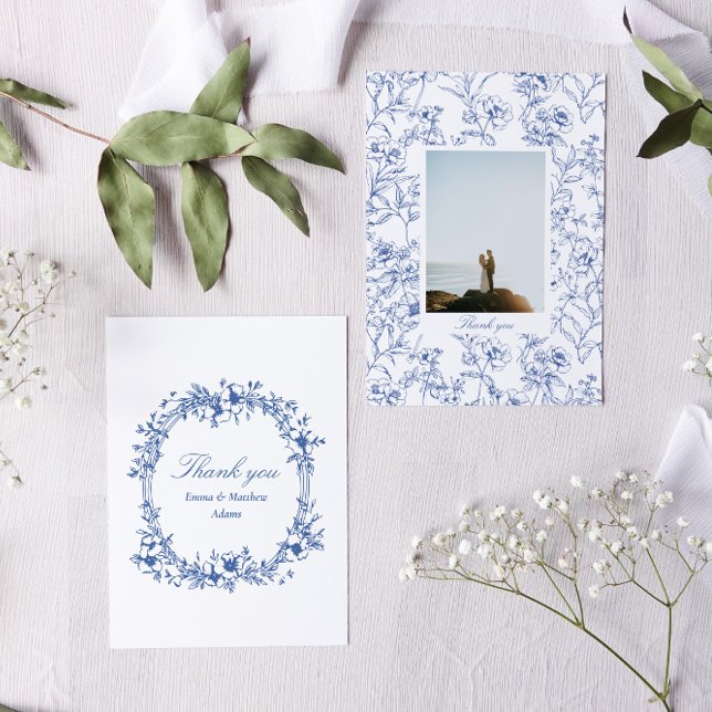 Cartão De Agradecimento Casamento de Foto Floral Blue Chinoiserie (Blue chinoiserie toile victorian wedding thank you card)