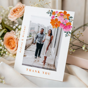 Cartão De Agradecimento Casamento de Foto Floral Cor-de-Rosa e Laranja Fre