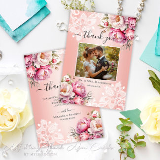 Cartão De Agradecimento Casamento de Foto Floral de Aquarela Dourada Elega