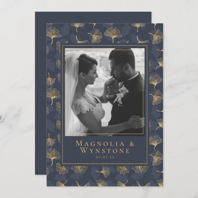 Cartão De Agradecimento Casamento de Foto Floral Elegante Azul Folha Doura (Frente/Verso)