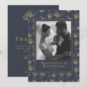 Cartão De Agradecimento Casamento de Foto Floral Elegante Azul Folha Doura