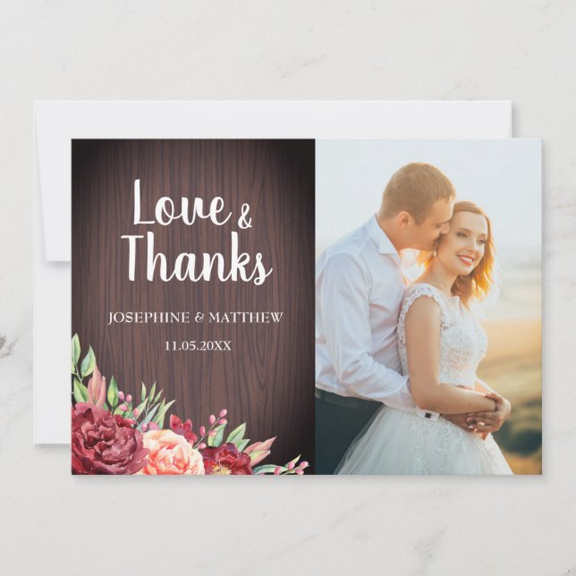 Cartão De Agradecimento Casamento De Foto Floral Rustic Burgundy Watercolo (Frente)