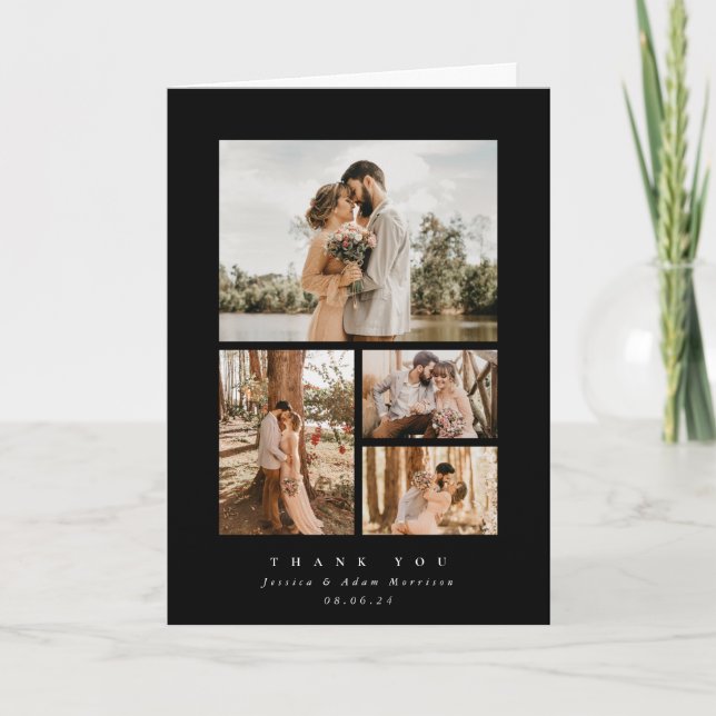 Cartão De Agradecimento Casamento de Foto Mínimo 4 Elegante Preto (Frente)