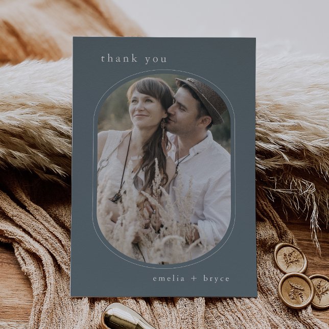 Cartão De Agradecimento Casamento de Foto Mínimo de Boho com Marinho Flat  (EMELIA Flat Navy Rustic Minimal Boho Photo Wedding Thank You Card)