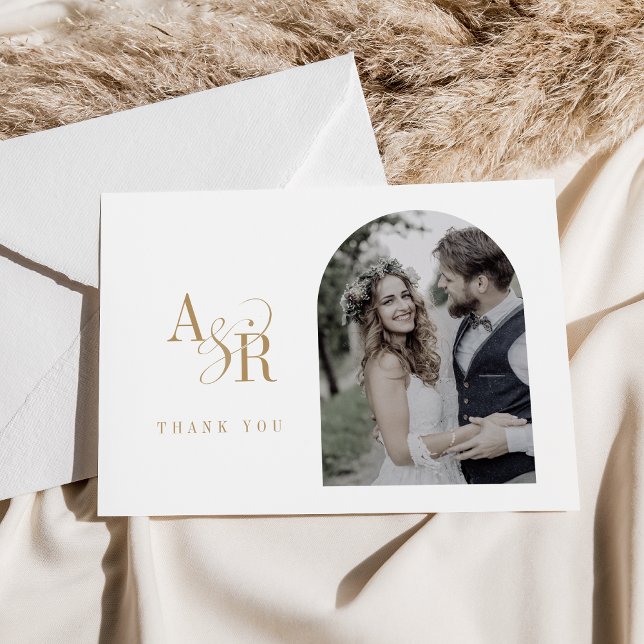 Cartão De Agradecimento Casamento de Foto Mínimo Dourado de Boho Simples A (ANDREA Flat Simple Gold Boho Minimal Photo Wedding Thank You Card)