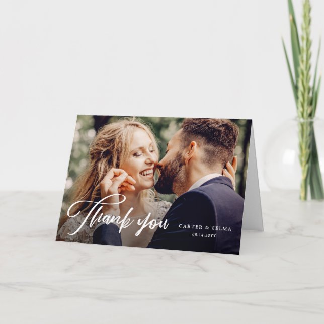 Cartão De Agradecimento Casamento de Foto Moderna com Letra Mínima (Frente)