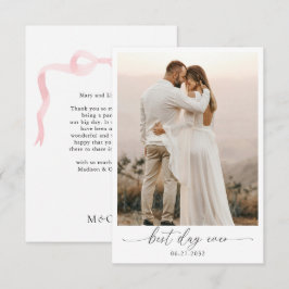 Cartão De Agradecimento Casamento de Foto Monograma com Laço Rosa Bege Ele