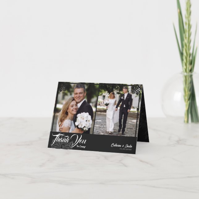 Cartão De Agradecimento Casamento de Foto Pavão 2 Preto Moderno Deco Dobra (Frente)