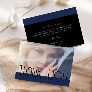 Cartão De Agradecimento Casamento de Foto Preto Azul Marinho Simples