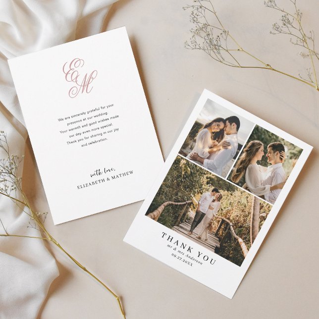 Cartão De Agradecimento Casamento de Foto Simples Elegante Pink Monograma (Criador carregado)