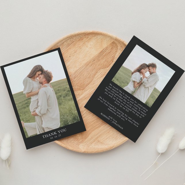 Cartão De Agradecimento Casamento de Foto Simples Preto 2 Clássico Minimal (Criador carregado)