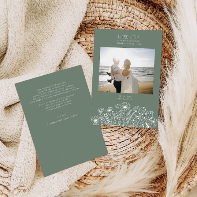 Cartão De Agradecimento Casamento de Foto Verde do Elegante Boho Sage (Criador carregado)