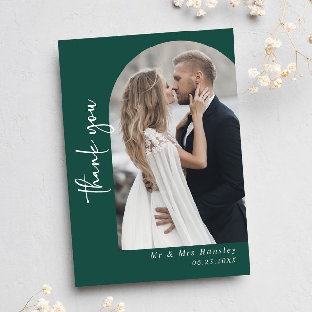 Cartão De Agradecimento Casamento de Foto Verde Moderno Emerald (Modern Emerald Green Photo Wedding Thank You Card)