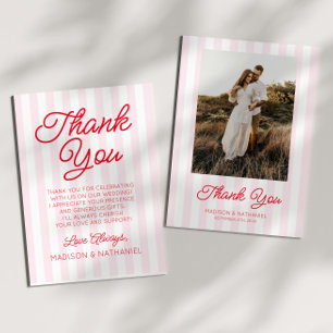 Cartão De Agradecimento Casamento de Foto Vermelha Listras Rosa Minimalist