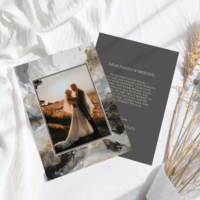 Cartão De Agradecimento Casamento de Fotografia Artística Antracita Dourad (Criador carregado)