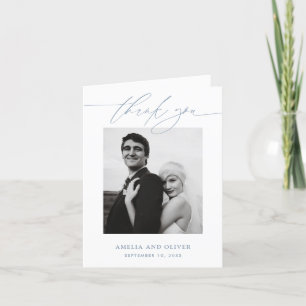 Cartão De Agradecimento Casamento de Fotografia com Letra Minimalista Azul