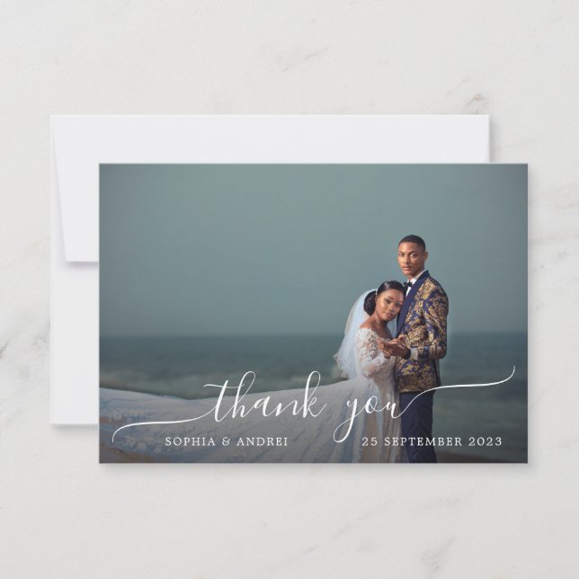 Cartão De Agradecimento Casamento de Fotografia da Caligrafia Branca Moder (Frente)