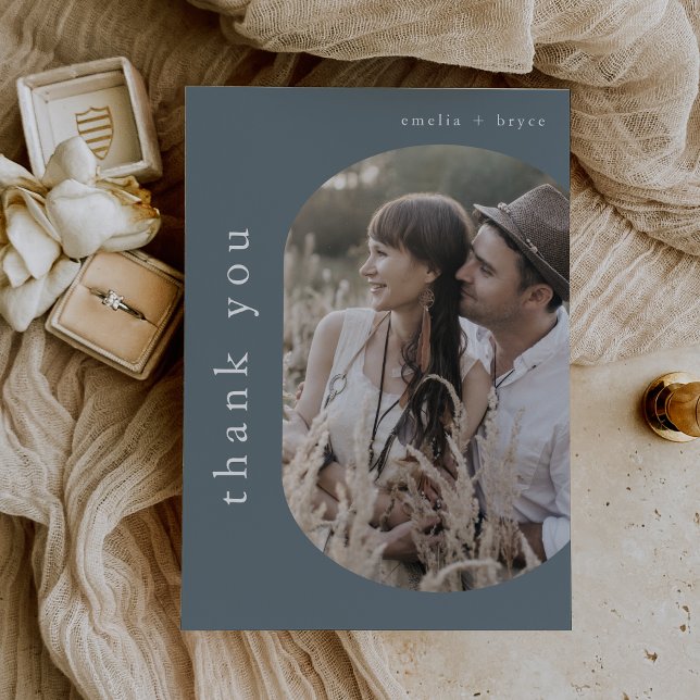 Cartão De Agradecimento Casamento de Fotografia de Marinho Azul Mínimo Rus (EMELIA Flat Rustic Minimal Blue Navy Photo Wedding Thank You Card)