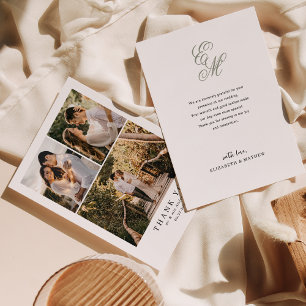 Cartão De Agradecimento Casamento de Fotografia do Monograma Verde Simples