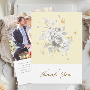 Cartão De Agradecimento Casamento de Fotografia Floral Amarelo-Amarelo Ele