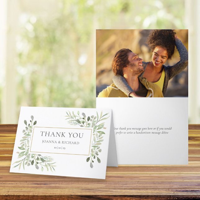 Cartão De Agradecimento Casamento de Fotografia Geométrica Dourada Elegant (Elegant Gold Geometric Greenery Photo Wedding Thank You Card)
