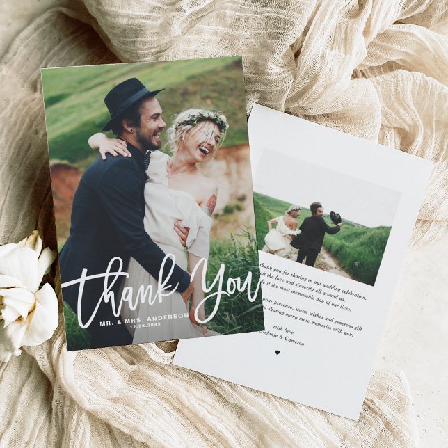 Cartão De Agradecimento Casamento de Fotografias com Letra Branca (Rustic Hand Lettering Photo Wedding Thank You)