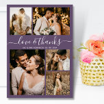 Cartão De Agradecimento Casamento de Fotografias com Obrigados e Roxo 5<br><div class="desc">Casamento De Colagem De Fotos Elegante, Mínimalista, Dusty Purple 5, Obrigado Cartões. Cartões de agradecimentos de casamento moderno com cinco (5) fotos na frente e uma (1) foto no verso. Com o texto "Amor e obrigados" numa letra de escrita tipográfica escrita, escrita à mão, em branco, sobre fundo cor púrpura...</div>