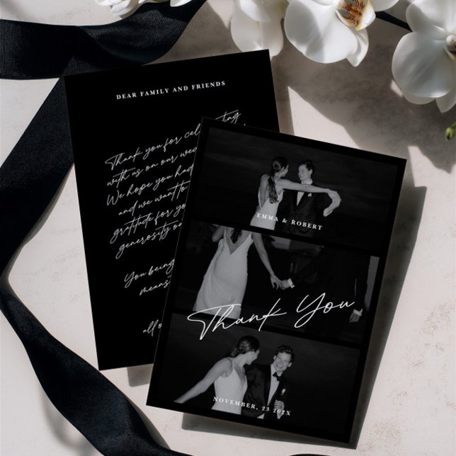 Cartão De Agradecimento Casamento de Fotografias com Preto 3 do Script Ele (Chic Elegant Script Black 3 Photo Wedding Thank You Card)