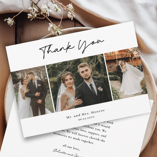 Cartão De Agradecimento Casamento de Fotografias com Script 3 Manuscrito S (Simple handwritten three photo collage wedding thank you cards.)