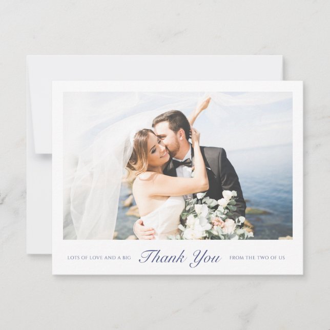 Cartão De Agradecimento Casamento de Fotografias com Script Azul Moderno E (Frente)