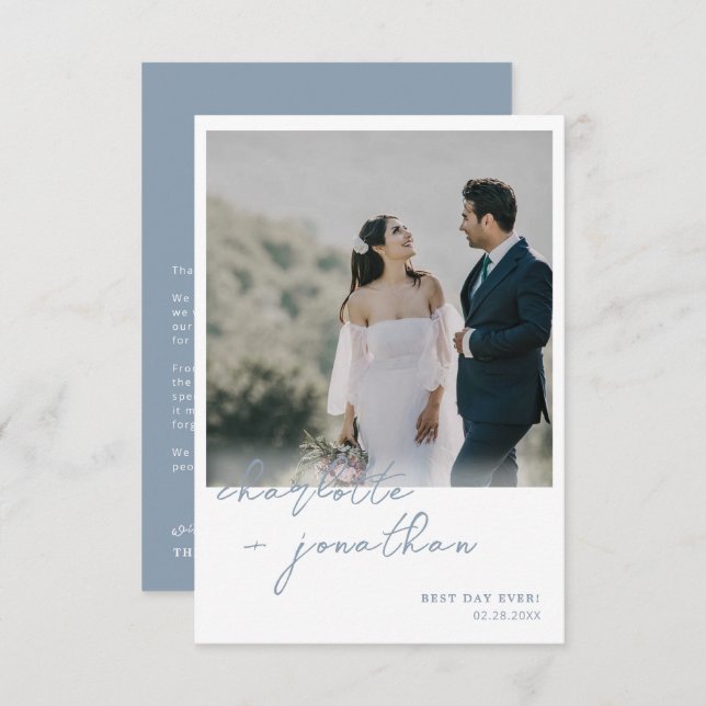 Cartão De Agradecimento Casamento de Fotografias com Script Azul no Melhor (Frente/Verso)